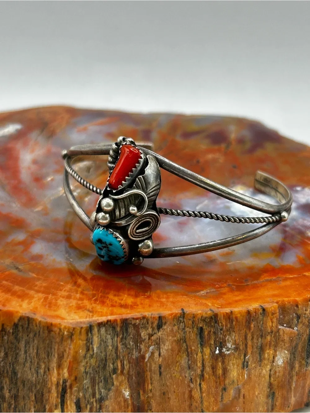 Southwest Sterling Silver Bangle with Turquoise and Coral Stones